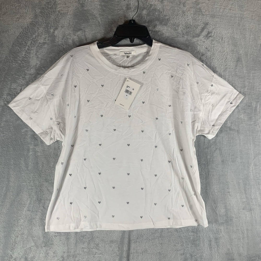 Splendid Women's Top T Shirt White Tee Silver Hearts Embroidered M NWT Crew Boxy